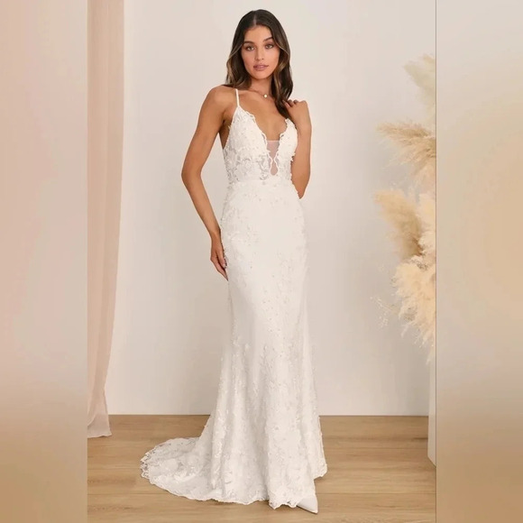 Lulus Enchanting Eternity Ivory Pearl Lace-Up Backless Dress Wedding Bride - Picture 2 of 11